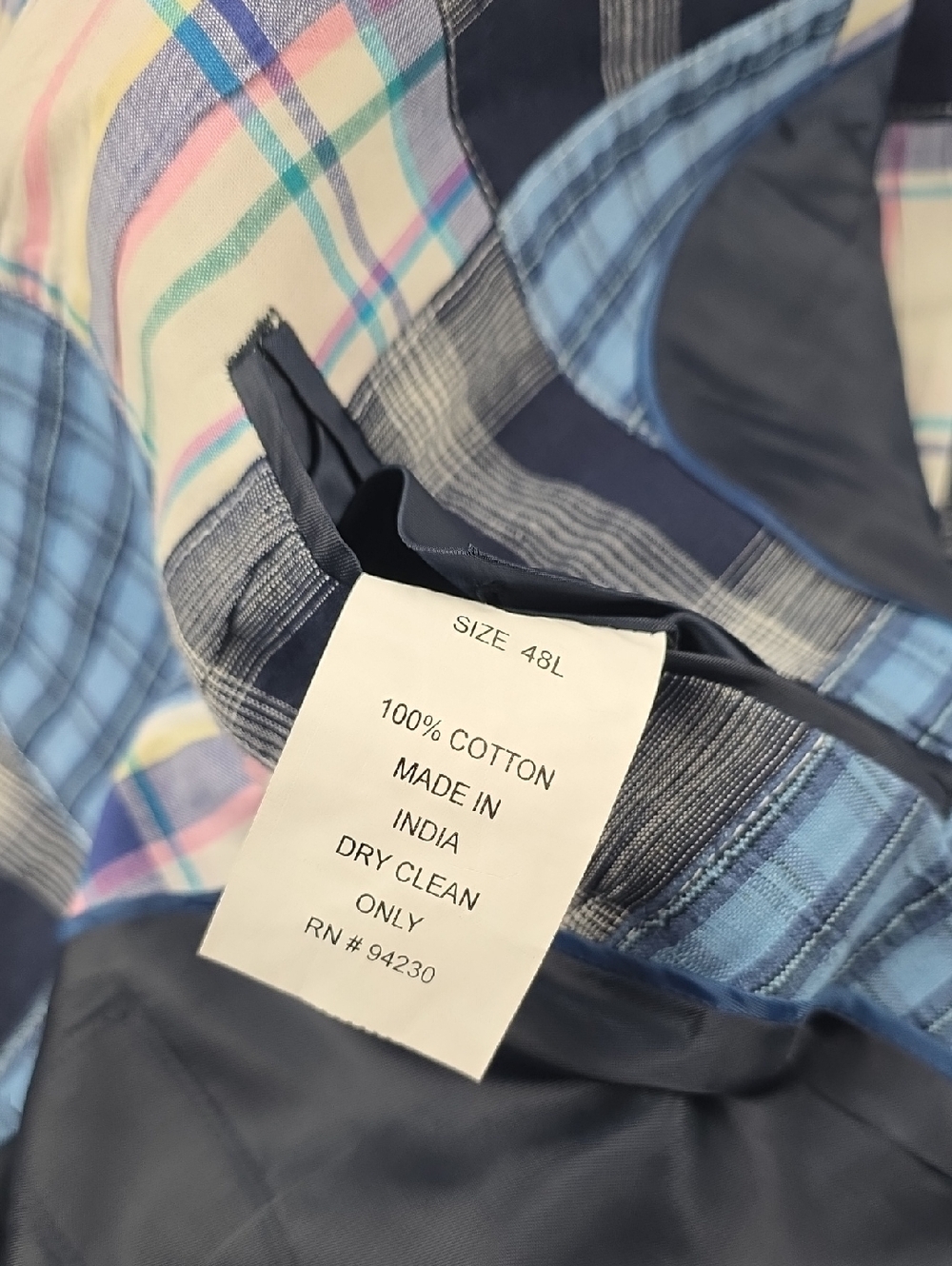 NWOT Blue Patchwork Plaid Check Mens Blazer / Sports Coat 100% Cotton Size 48L - Picture 6 of 6